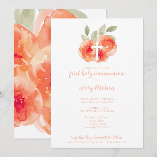 Elegante Peach Peonies Cross Erste Heilige Kommune Einladung (Vorne/Hinten)
