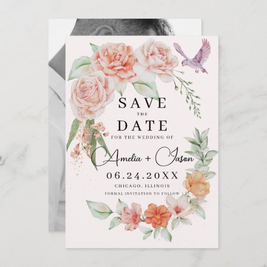 Elegante Peach Peonies Save the Date (Vorne/Hinten)