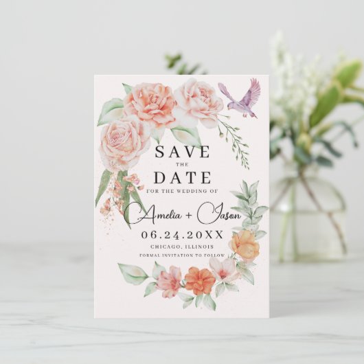 Elegante Peach Peonies Save the Date (Stehend Vorderseite)