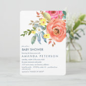 Elegante Peach Pink und Blue Peonies Baby Dusche Einladung (Stehend Vorderseite)