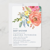 Elegante Peach Pink und Blue Peonies Baby Dusche Einladung (Vorderseite)