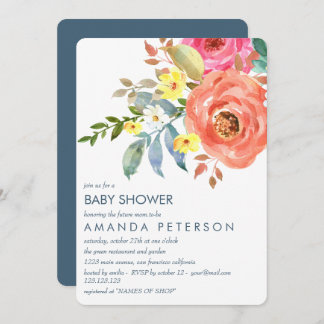 Elegante Peach Pink und Blue Peonies Baby Dusche Einladung