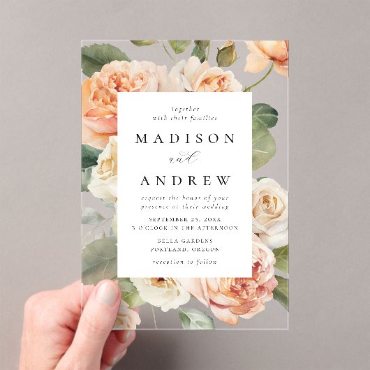 Elegante Peach Rose Hochzeit Acryleinladungen (Insitu (Handheld))
