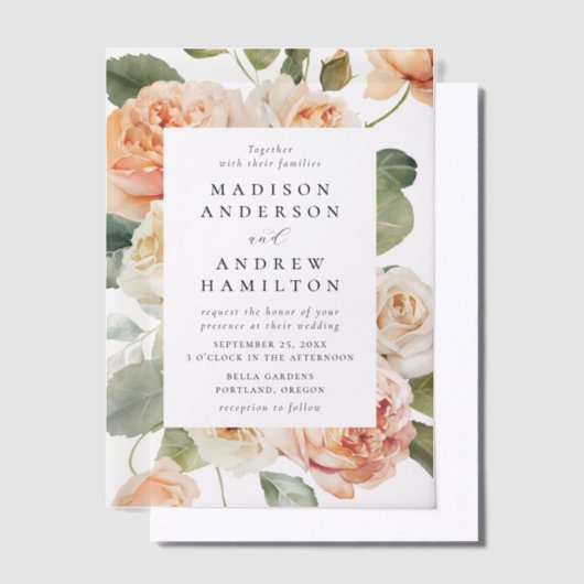 Elegante Peach Rose Hochzeit Pergament Einladungen (Versetzt)