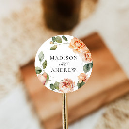 Elegante Peach Rose Hochzeit Runder Aufkleber