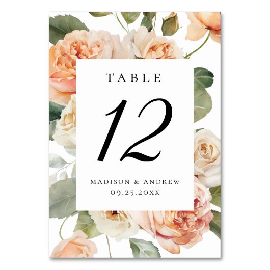Elegante Peach Rose Hochzeit Tischnummer (Rückseite)