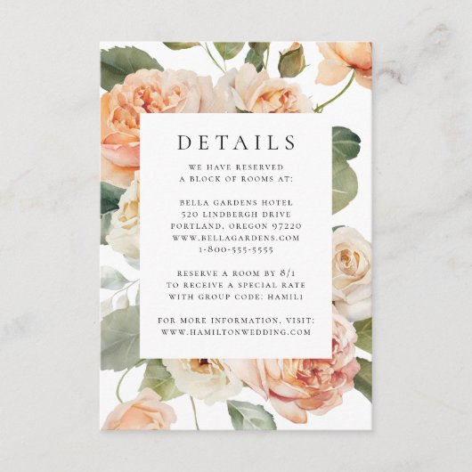 Elegante Peach Rose Hochzeitdetails Begleitkarte (Vorderseite)