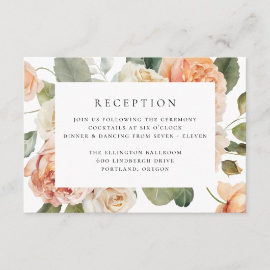 Elegante Peach Rose Hochzeitsempfang Begleitkarte (Vorderseite)