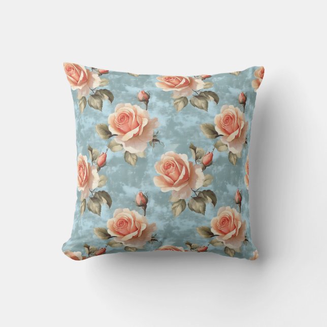 Elegante Peach-Rose im blauen Hintergrund Kissen (Vorderseite)
