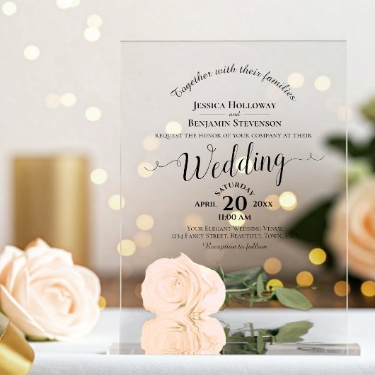 Elegante Peach Rose Lacy Calligraphy Wedding Acryleinladungen
