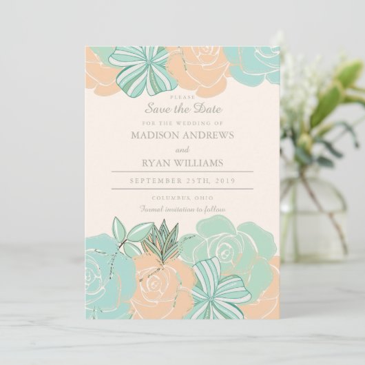 Elegante Peach Rose Mint Floral Save the Date (Stehend Vorderseite)