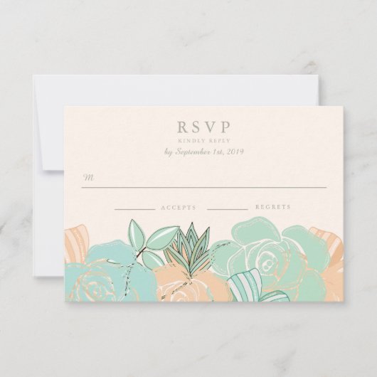 Elegante Peach Rose Mint Floral Wedding RSVP Karte (Vorderseite)