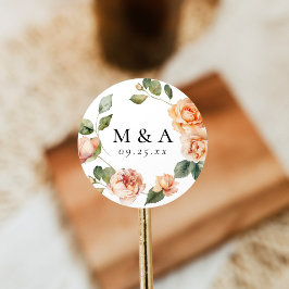 Elegante Peach Rose Monogram Wedding Runder Aufkleber