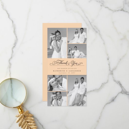 Elegante Peach Scalloped Band 6 Foto Chic Wedding Dankeskarte (Vorderseite/Rückseite Beispiel)