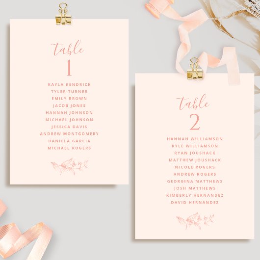 Elegante Peach Seating Plan Cards mit Guest Names