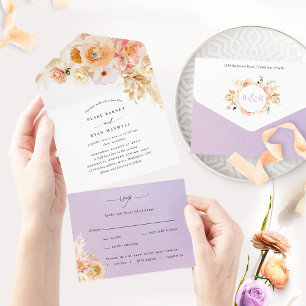 Elegante Peach und Lila Blumenhochzeit mit UAWG All In One Einladung