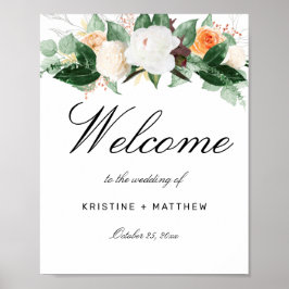 Elegante Peach Wassercolor Blumenhochzeit Willkomm Poster