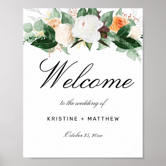 Elegante Peach Wassercolor Blumenhochzeit Willkomm Poster (Vorne)