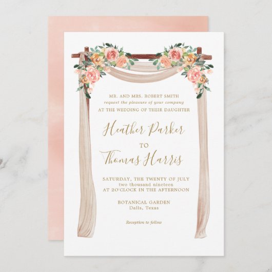 Elegante Peach Wassercolor Blumenstrauß Einladung (Vorne/Hinten)