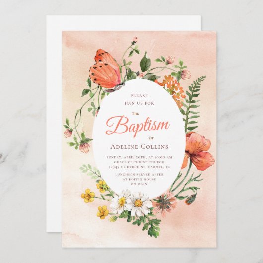 Elegante Peach Wassercolor Blumentaufe Einladung (Vorne/Hinten)