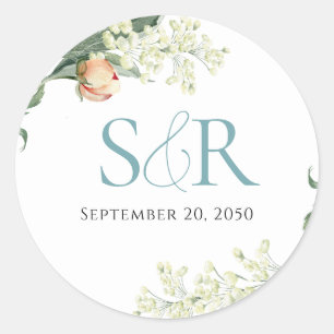 Elegante Peach Wedding Blue Floral Custom Runder Aufkleber