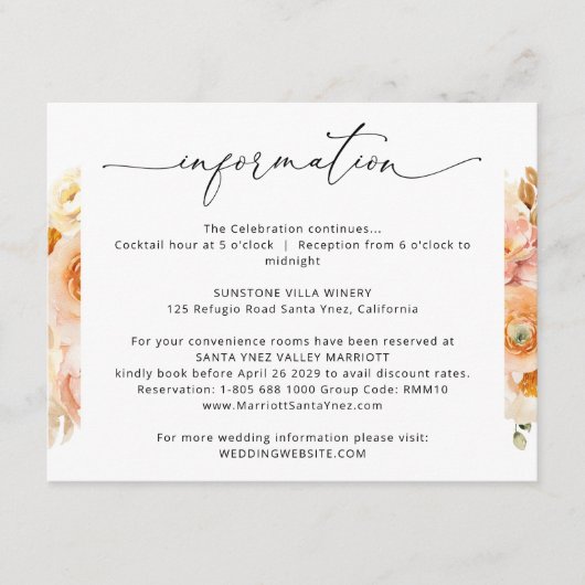 Elegante Peach Wedding Details, Hochzeitsinformati Begleitkarte (Vorderseite)