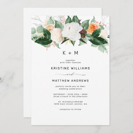 Elegante Peach White Fall Wassercolor Blumenhochze Einladung (Vorne/Hinten)