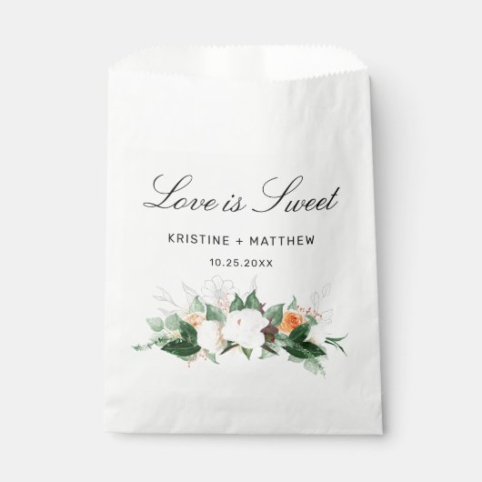 Elegante Peach White Watercolor Floral Hochzeit im Geschenktütchen (Vorderseite)