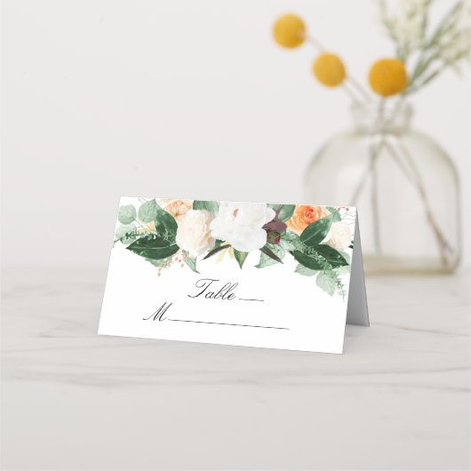 Elegante Peach White Watercolor Floral Hochzeit im Platzkarte (Vorderseite)