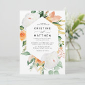 Elegante Peach White Watercolor Floral Wedding Einladung (Stehend Vorderseite)