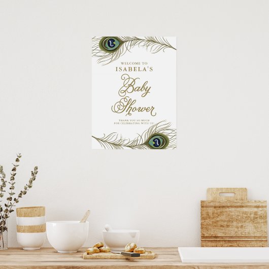 Elegante Peacock Feather Baby Shower Willkommen Poster (Küche)