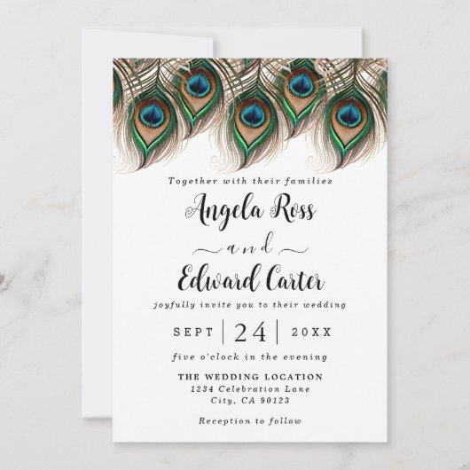 Elegante Peacock Feather Wedding Einladung (Vorderseite)