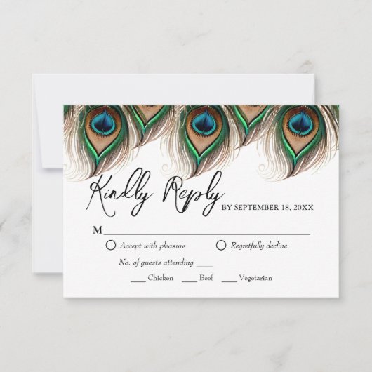 Elegante Peacock Feather Wedding RSVP Card (Vorderseite)