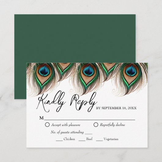 Elegante Peacock Feather Wedding RSVP Card Karte (Vorne/Hinten)