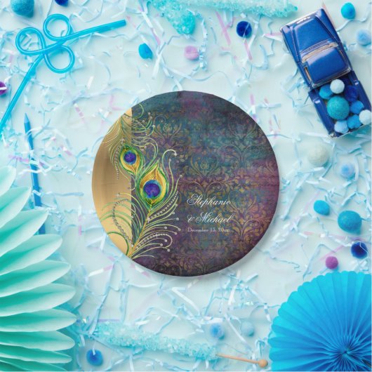 Elegante Peacock Feathers Jewel Scrollwork Wedding Pappteller (Party)