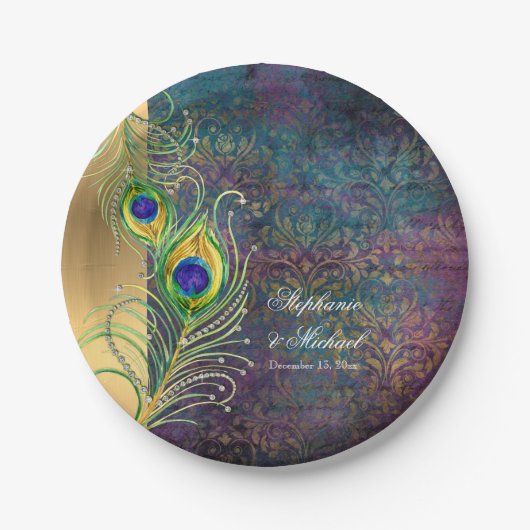 Elegante Peacock Feathers Jewel Scrollwork Wedding Pappteller (Vorderseite)