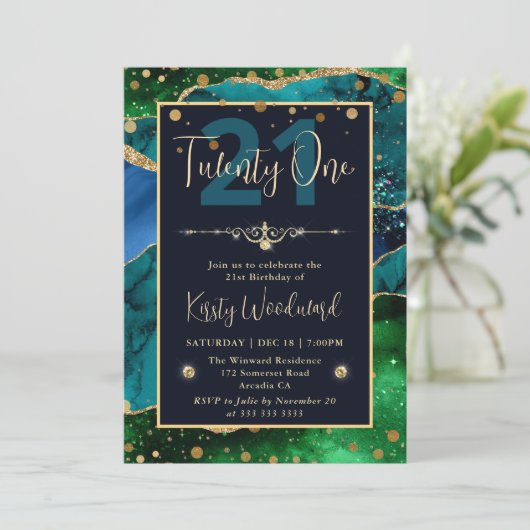 Elegante Peacock Glitzer Agate Birthday Party Einladung (Stehend Vorderseite)