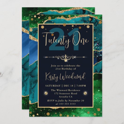 Elegante Peacock Glitzer Agate Birthday Party Einladung (Vorne/Hinten)