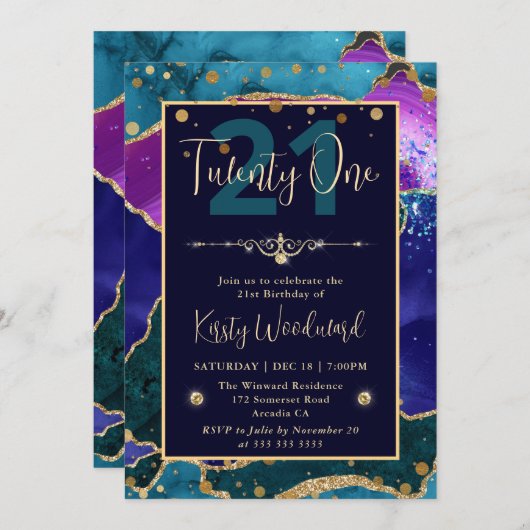 Elegante Peacock Glitzer Agate Birthday Party Einladung (Vorne/Hinten)