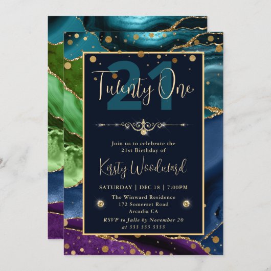 Elegante Peacock Glitzer Agate Birthday Party Einladung (Vorne/Hinten)