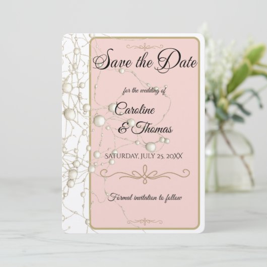 Elegante Pearl Gold Script Hochzeit Romantische Pe Save The Date (Stehend Vorderseite)