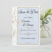 Elegante Pearl Gold Script Hochzeit Romantische Pe Save The Date (Stehend Vorderseite)