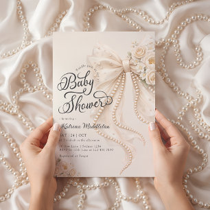 Elegante Pearl Weiße Schleife Blumen Baby Shower Einladung