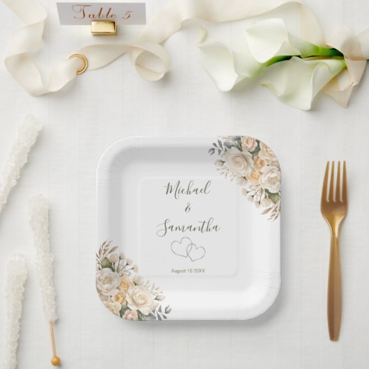 Elegante Pearl White und Elvory Rose Wedding Pappteller (Hochzeit)