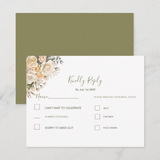 Elegante Pearl White und Elvory Rose Wedding RSVP Karte (Vorne/Hinten)