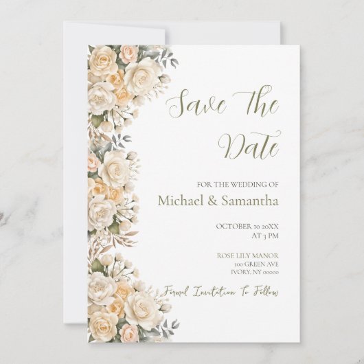 Elegante Pearl White und Elvory Rose Wedding Save The Date (Vorderseite)