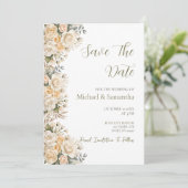 Elegante Pearl White und Elvory Rose Wedding Save The Date (Stehend Vorderseite)