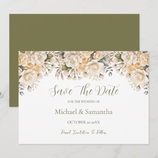 Elegante Pearl White und Elvory Rose Wedding Save The Date (Vorne/Hinten)