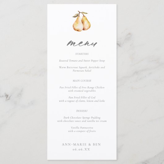 Elegante Pears Calligraphy Wedding Menu Menükarte (Vorderseite)