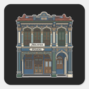 Elegante Penang-Malaysia-Shophouse-Fassade-Zeichnu Quadratischer Aufkleber